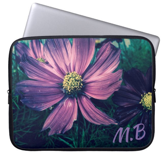 Dark Purple Flowers Photo Art Monogram Laptop Sleeve (Front)