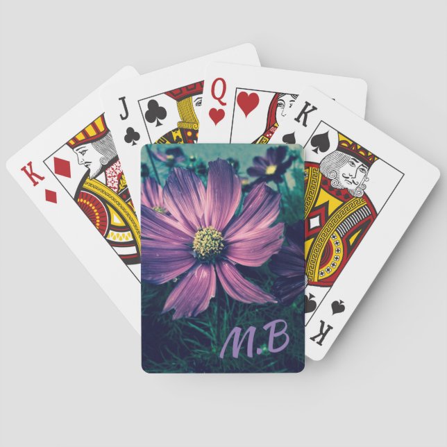 Dark Purple Flowers Photo Art Monogram Playing Cards (Back)