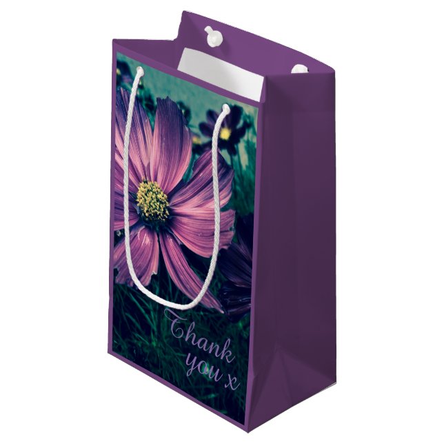 Dark Purple Flowers Photo Art Thank You Small Gift Bag (Front Angled)