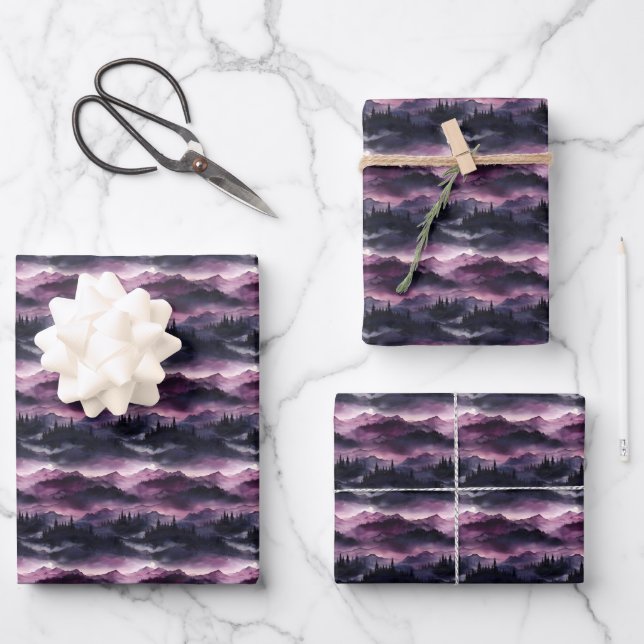Dark Purple Forest & Mountain Landscape  Wrapping Paper Sheet (Front)