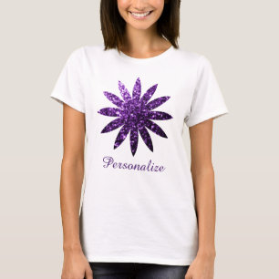 Dark Purple glitter sparkles flower Personalise T-Shirt