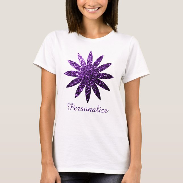 Dark Purple glitter sparkles flower Personalise T-Shirt (Front)