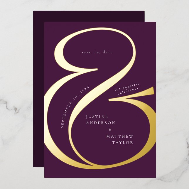 Dark Purple Gold Ampersand Typography Save Date (Front/Back)