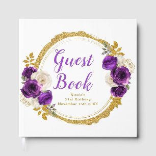 Dark Purple Gold Elegant Flowers Birthday Party Guest Book