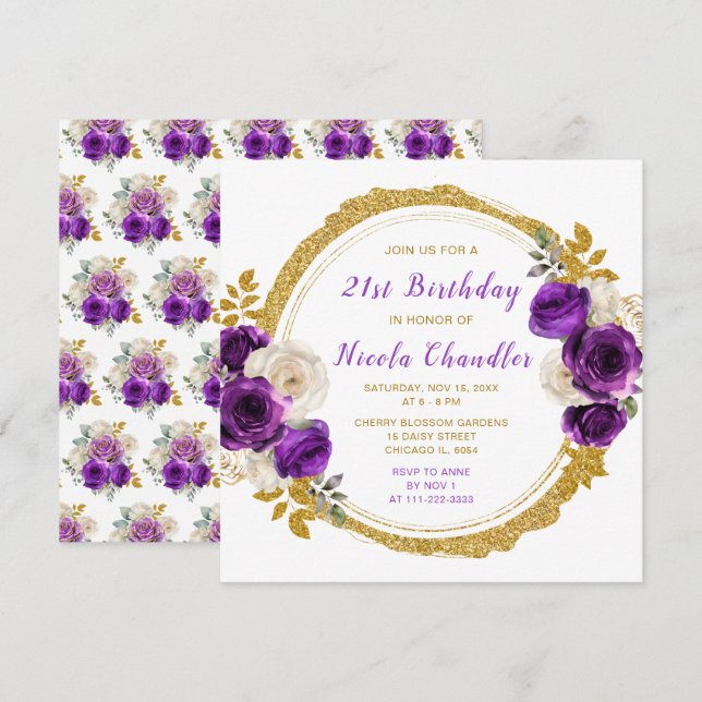 Dark Purple Gold Elegant Flowers Birthday Party Invitation (Front/Back)