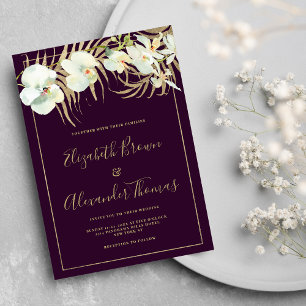 Dark purple gold elegant orchid floral wedding invitation