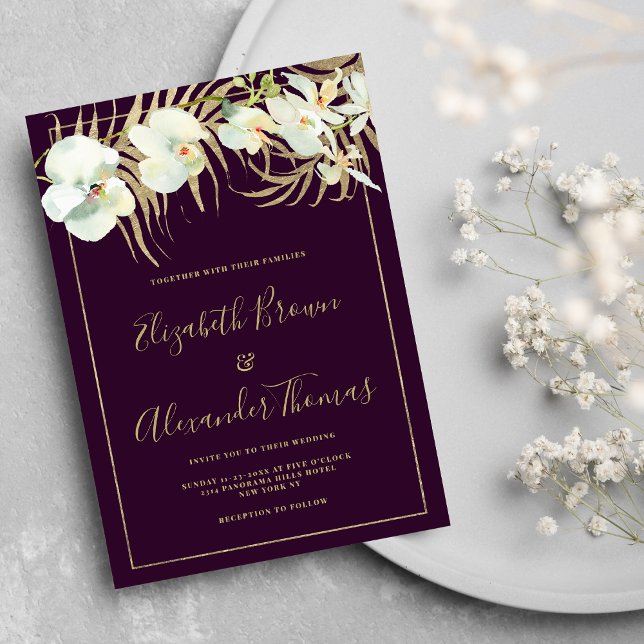 Dark purple gold elegant orchid floral wedding invitation (Dark purple gold elegant orchid floral wedding)