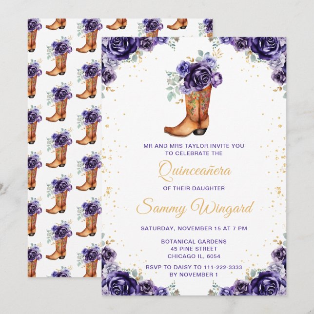 Dark Purple Gold Floral Cowboy Boot Quinceañera Invitation (Front/Back)