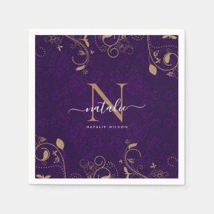 Dark Purple Gold Floral Ornaments Monogram Script Napkin