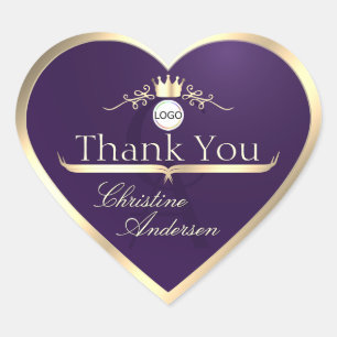 Dark Purple Gold Frame Logo and Monogram Thank You Heart Sticker
