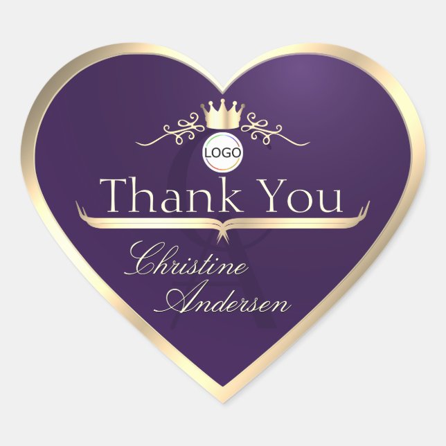 Dark Purple Gold Frame Logo and Monogram Thank You Heart Sticker (Front)