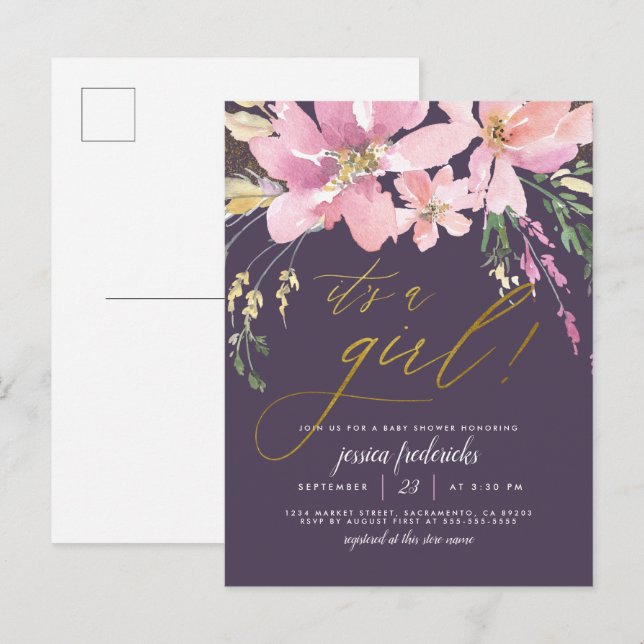 Dark Purple & Gold It's A Girl Floral Baby Shower Invitation Postcard (Front/Back)