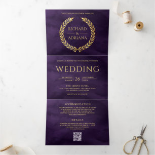 Dark Purple Gold Laurel Minimal QR Code Wedding Tri-Fold Invitation