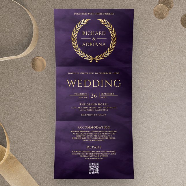 Dark Purple Gold Laurel Minimal QR Code Wedding Tri-Fold Invitation (Creator Uploaded)