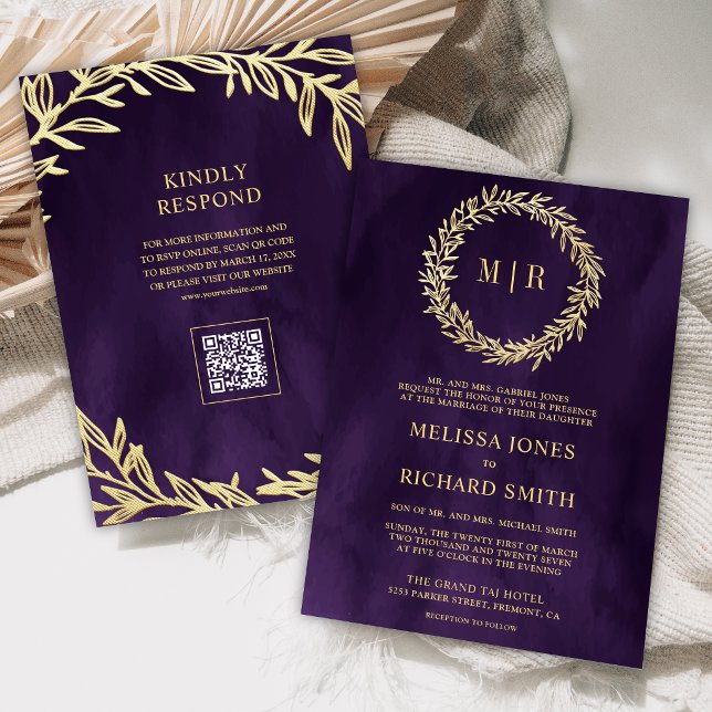 Dark Purple Gold Leaf Branch QR Code Wedding Invitation (Creator Uploaded)
