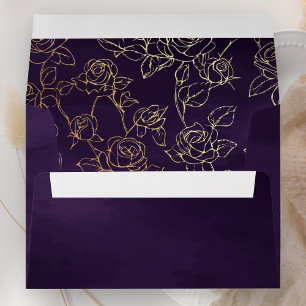 Dark Purple Gold Line Art Wedding Envelope