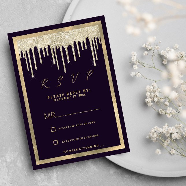 Dark purple gold luxury glitter drips RSVP Invitation (Dark purple gold luxury glitter drips RSVP )