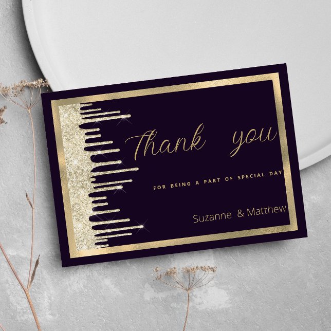 Dark purple gold luxury glitter drips Thank You Invitation (Dark purple gold luxury glitter drips Thank You )
