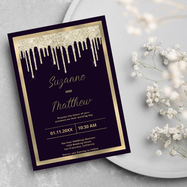 Dark purple gold luxury glitter drips Wedding Invitation (Dark purple gold luxury glitter drips Wedding )