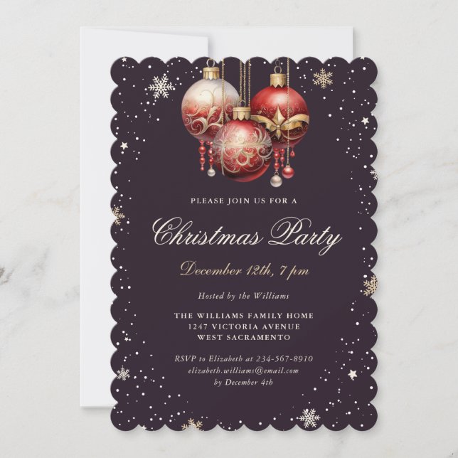 Dark Purple Gold Red Ornaments Christmas Party Invitation (Front)