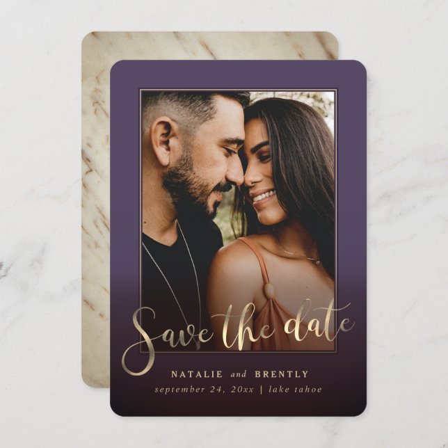Dark Purple Gold Script & Marble Photo Overlay Save The Date (Front/Back)