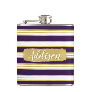 Dark Purple Gold Stripe Pattern Custom Name Hip Flask