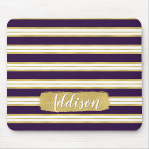 Dark Purple Gold Stripe Pattern Custom Name Mouse Mat