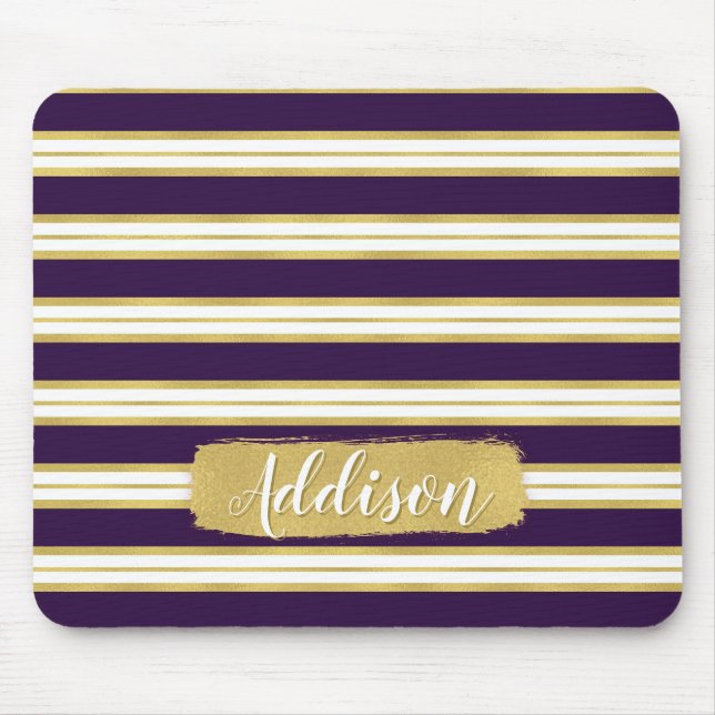 Dark Purple Gold Stripe Pattern Custom Name Mouse Mat (Front)