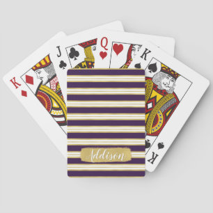 Dark Purple Gold Stripe Pattern Custom Name Playing Cards