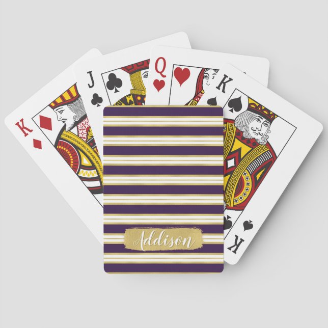 Dark Purple Gold Stripe Pattern Custom Name Playing Cards (Back)