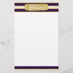 Dark Purple Gold Stripe Pattern Custom Name Stationery