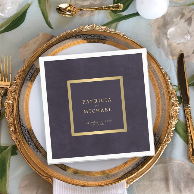 Dark purple gold wedding bride and groom napkin (Creator Uploaded)