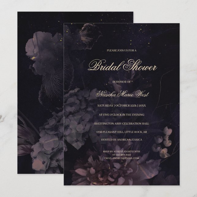 Dark Purple Gothic Boho Floral Bridal Shower Invitation (Front/Back)