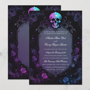 Dark Purple Gothic Boho Floral Skull Wedding Invitation