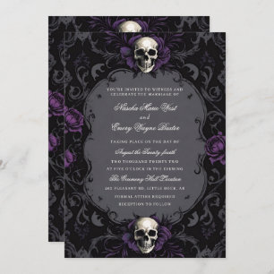 Dark Purple Gothic Boho Floral Skull Wedding Invitation