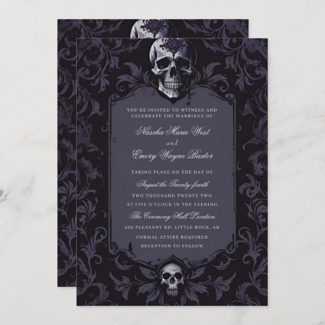 Dark Purple Gothic Boho Floral Skull Wedding Invitation (Front/Back)