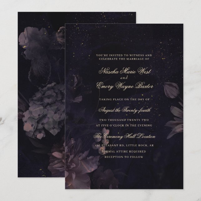 Dark Purple Gothic Boho Floral Wedding Invitation (Front/Back)