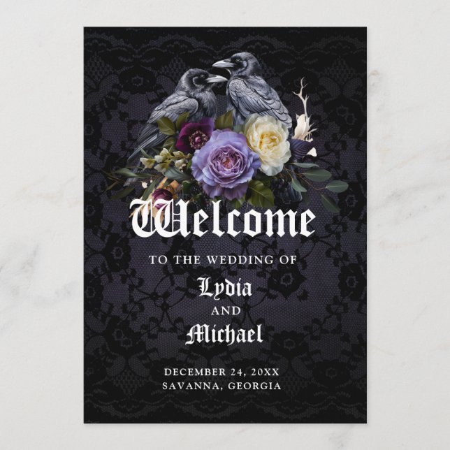 Dark Purple Gothic Floral Bouquet & Raven Wedding  Programme (Front)
