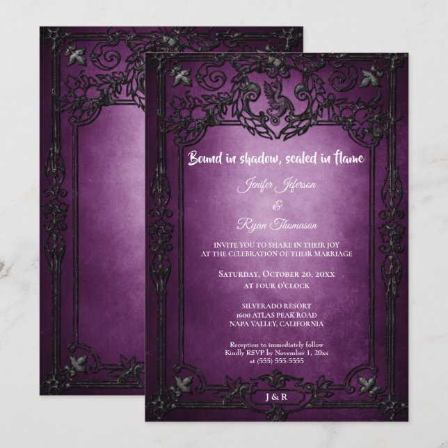 Dark purple Gothic Halloween wedding invitation (Front/Back)