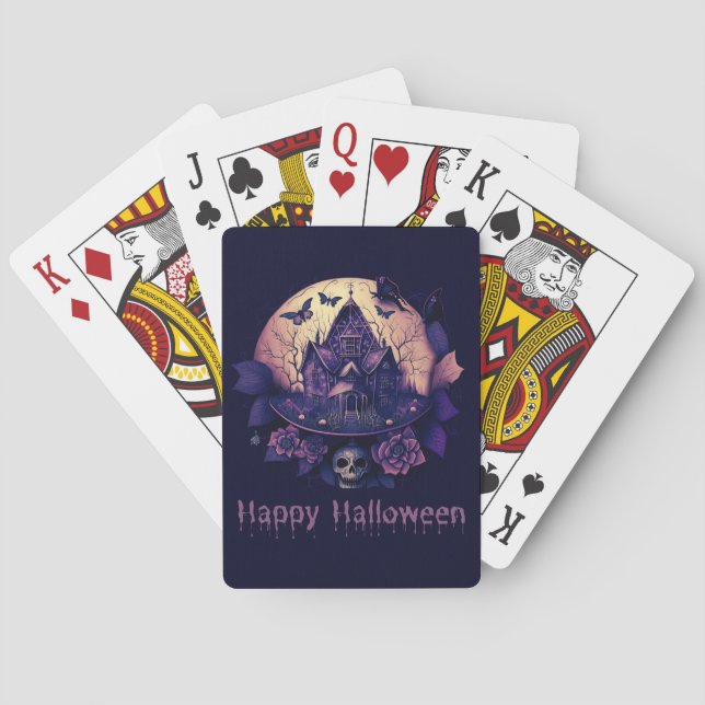 Dark Purple Gothic Haunted House Happy Halloween Playing Cards (Back)