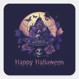 Dark Purple Gothic Haunted House Happy Halloween Square Sticker
