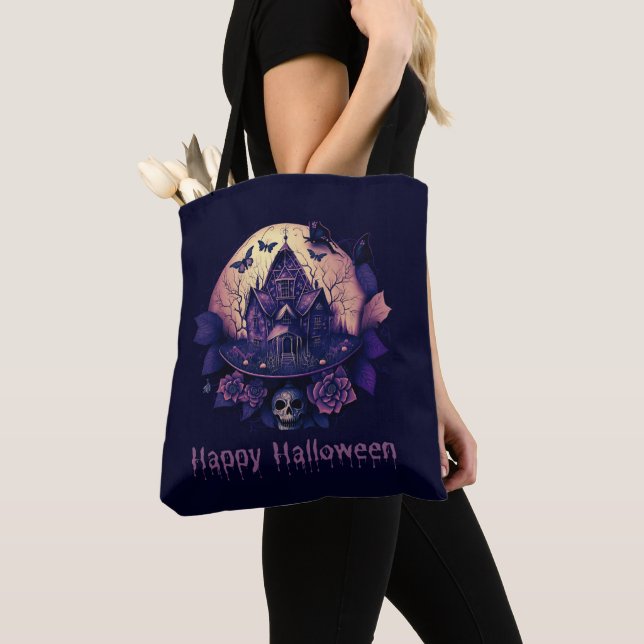 Dark Purple Gothic Haunted House Happy Halloween Tote Bag (Close Up)