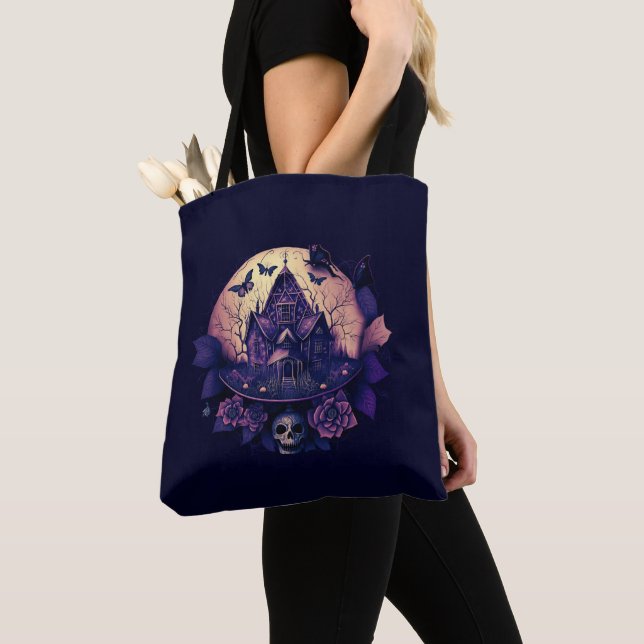 Dark Purple Gothic Haunted House Tote Bag (Close Up)