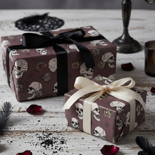 Dark Purple Gothic Skulls and Roses Floral Wrapping Paper