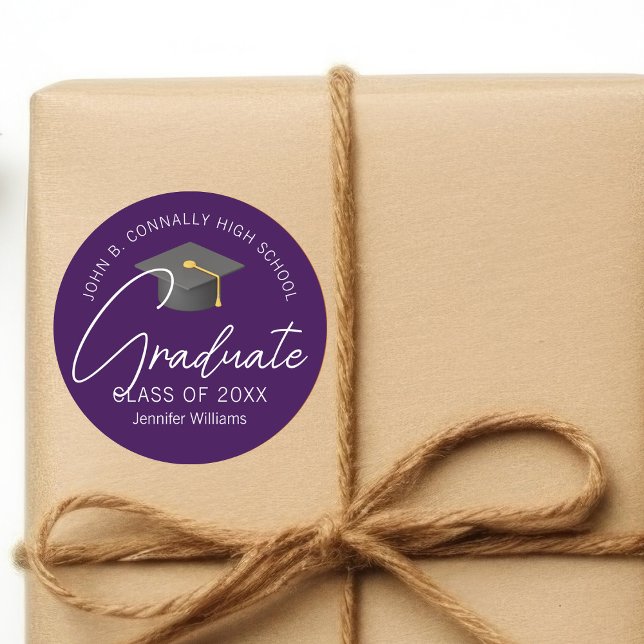 Dark Purple Graduate Custom Graduation Party Classic Round Sticker (Creator Uploaded)