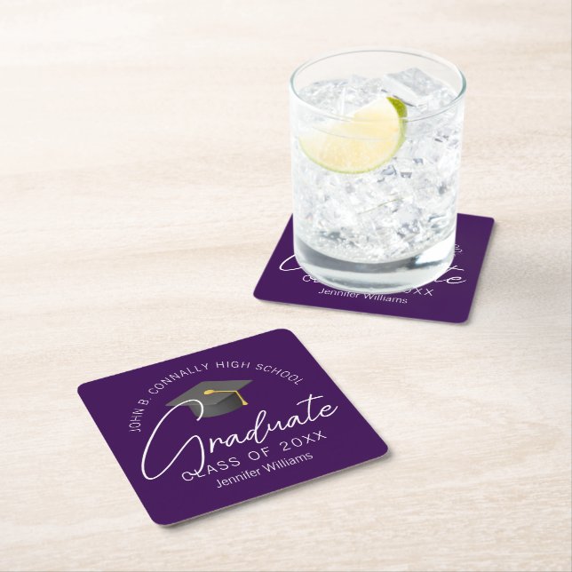 Dark Purple Graduate Personalised Graduation Party Square Paper Coaster (Insitu)