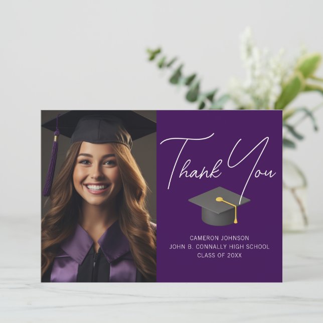 Dark Purple Graduate Photo Personalised Graduation Thank You Card (Standing Front)