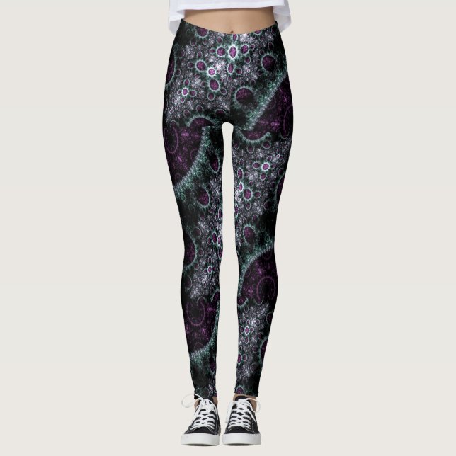 Dark Purple Green Boho Spiral Floral Fractal Leggings (Front)