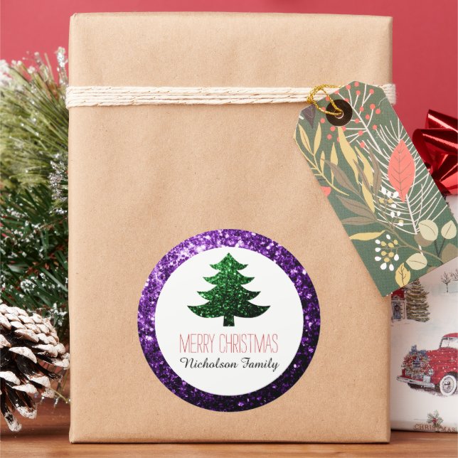 Dark Purple Green Christmas tree sparkles Gift Tag (Holiday)