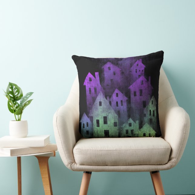 DARK PURPLE & GREEN HALLOWEEN HAUNTED HOUSES CUSHION (Chair)